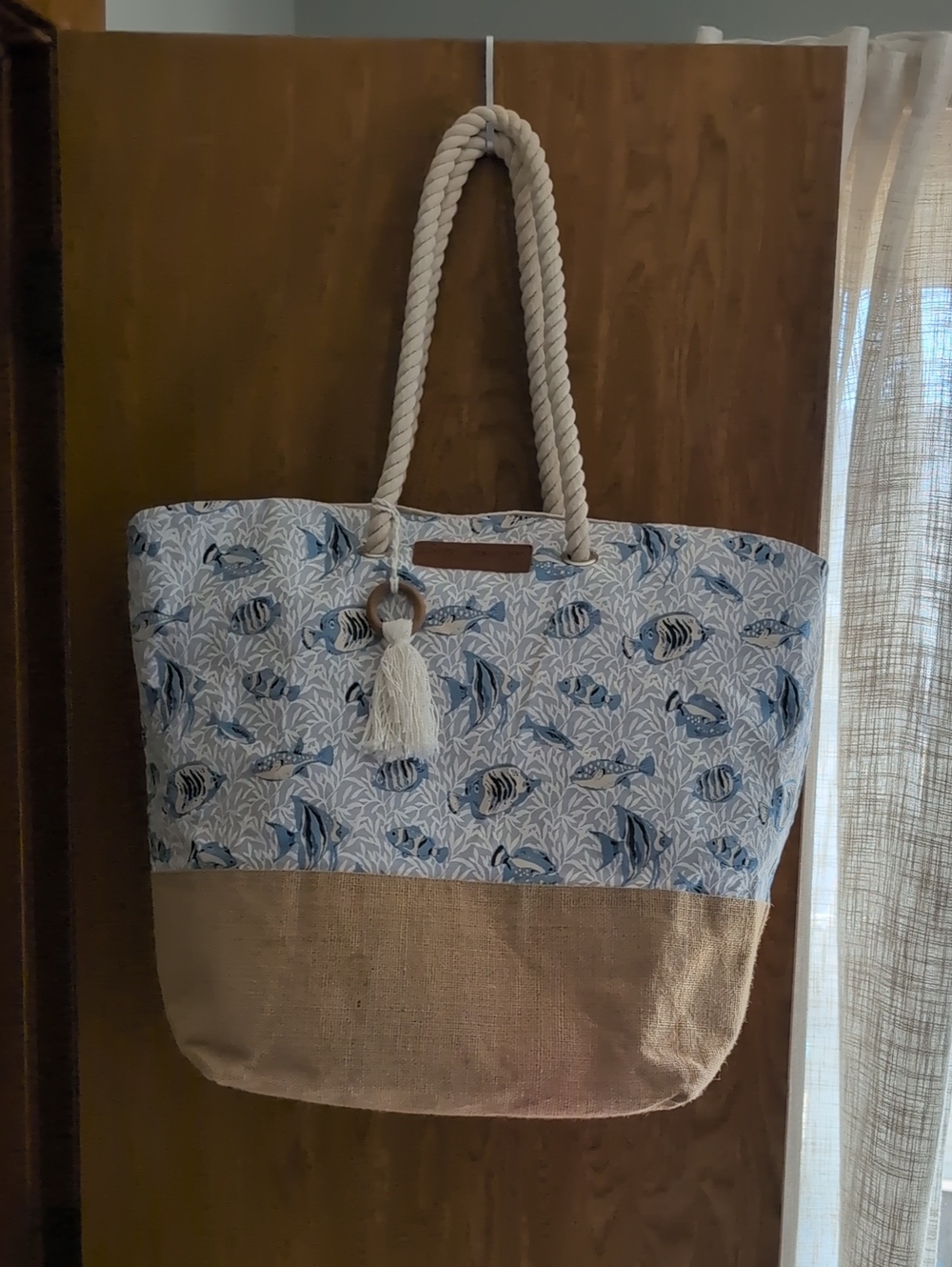 Laura Ashley Blue Fish-Print Rope-Handle Beach Tote